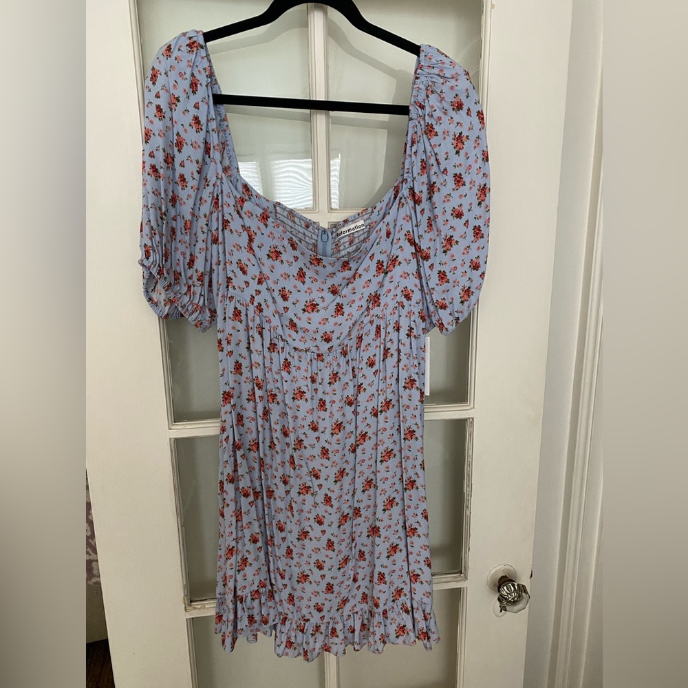 Reformation Light Blue Mini Dress with Red Floral Print